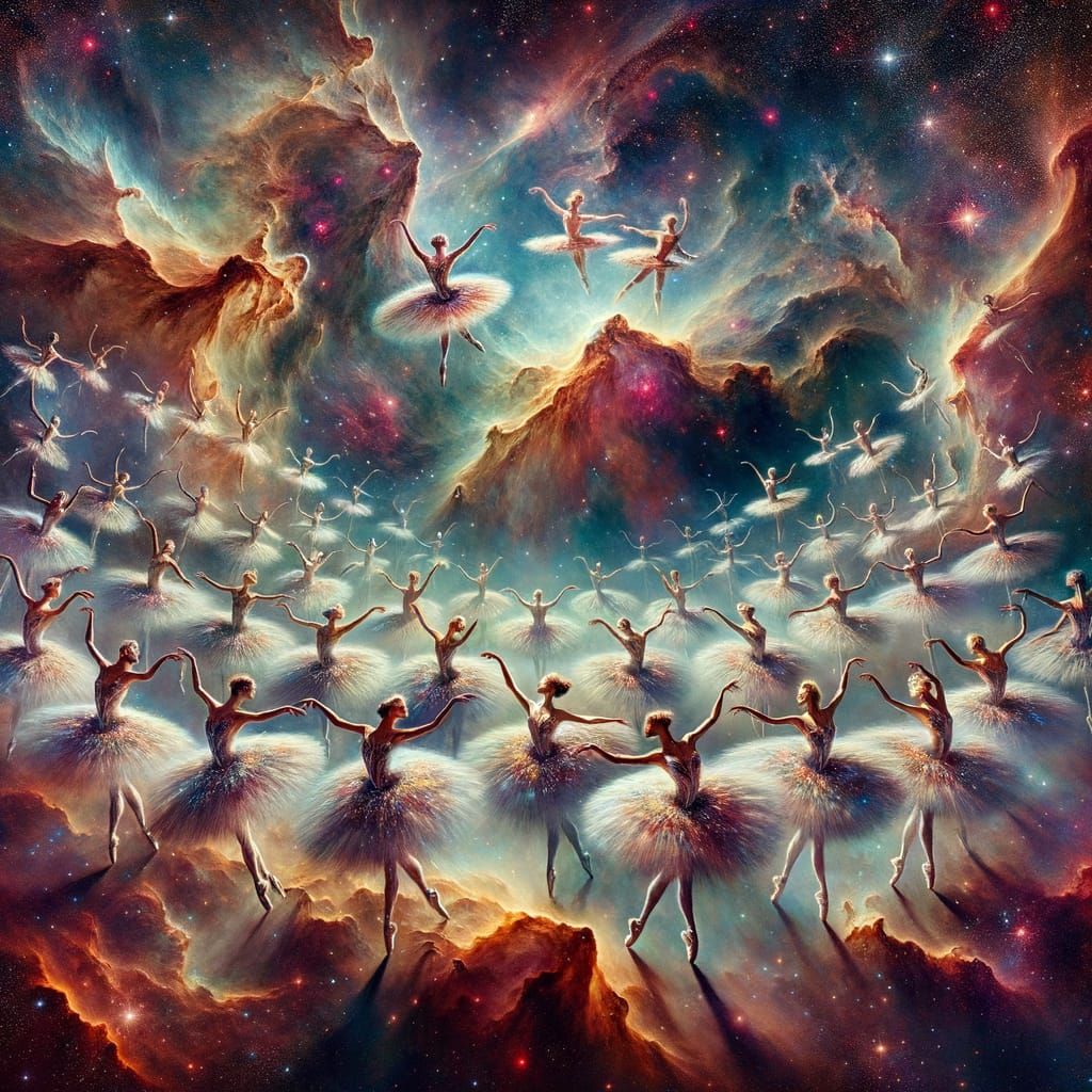 Imagine a cosmic ballet performance taking place within the heart of the Crab Nebula, with a troupe of ethereal dancers ...