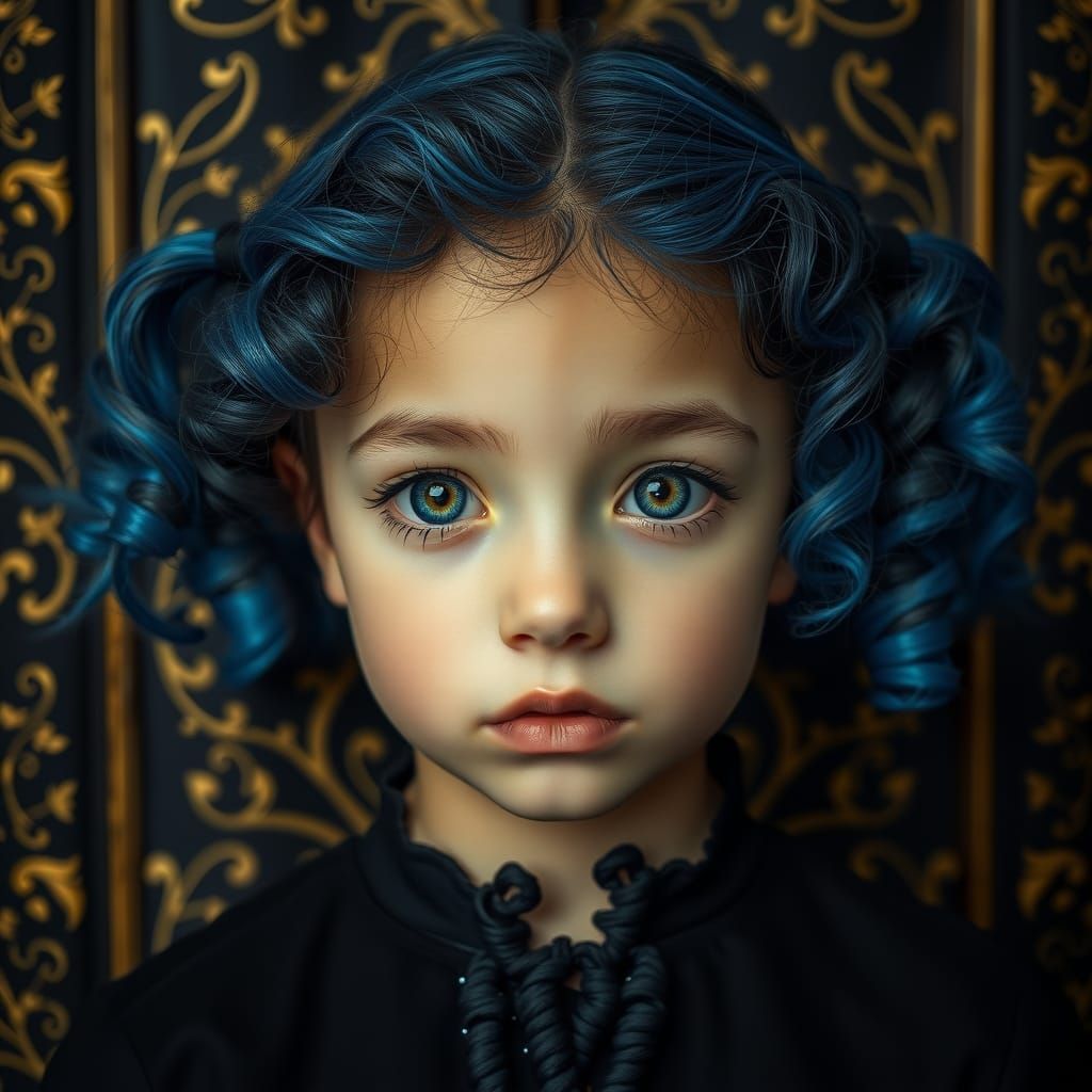 Eerie Portrait of Girl with Blue Hair in Baroque Setting