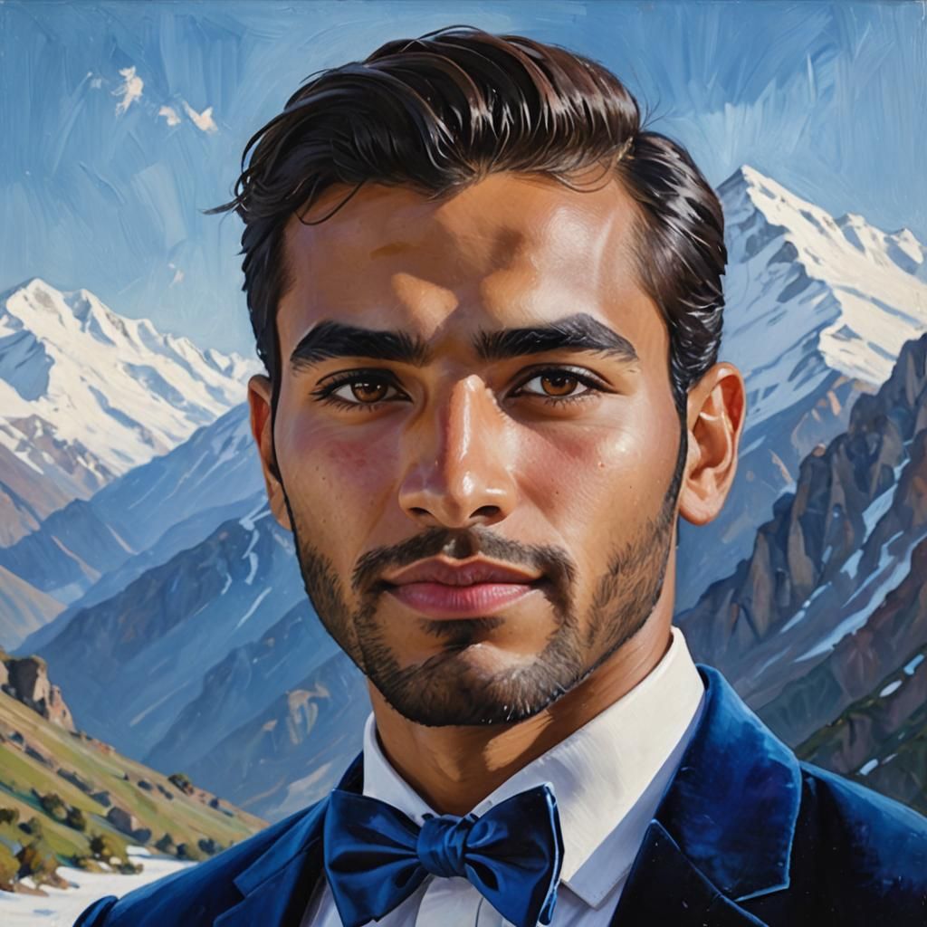 Elegant Man in Blue Velvet Suit, Impressionist Oil Painting