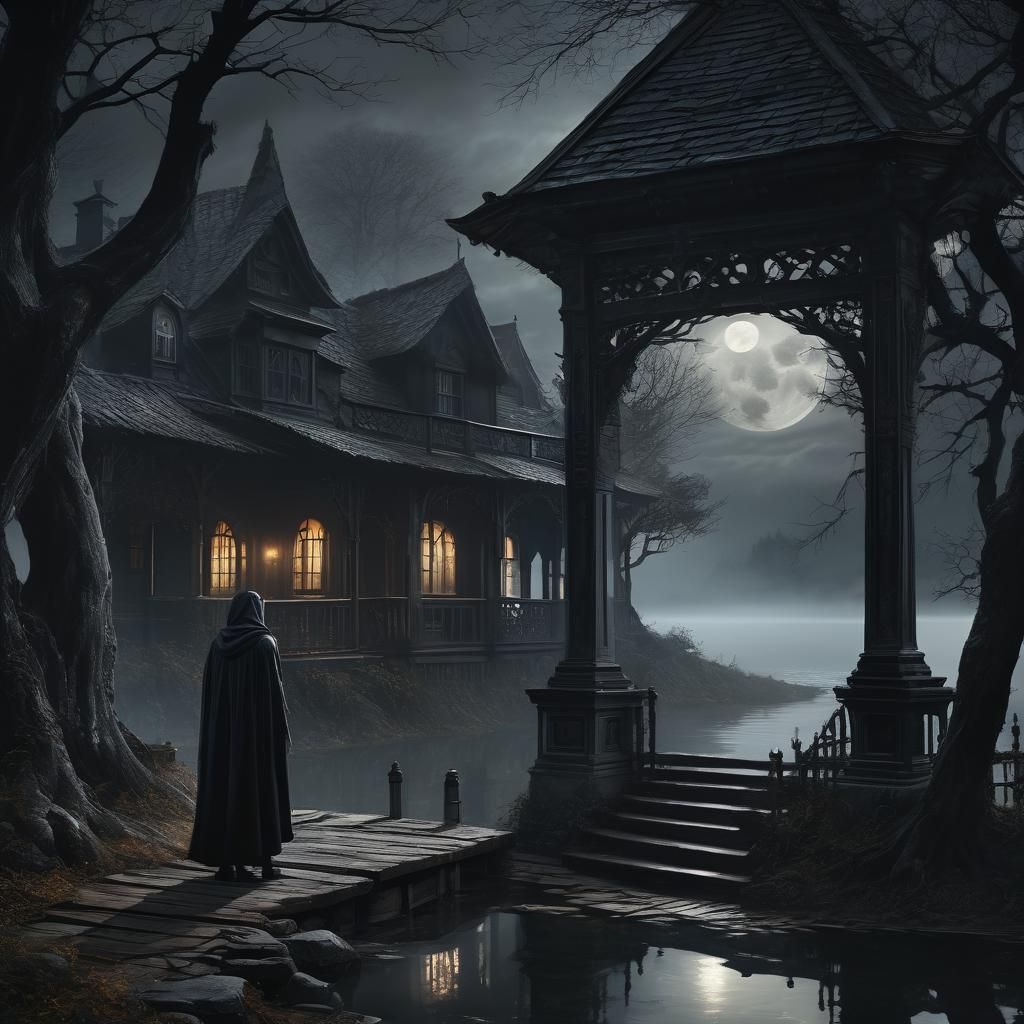 Dark Figure by Lake in Dark Fantasy Style