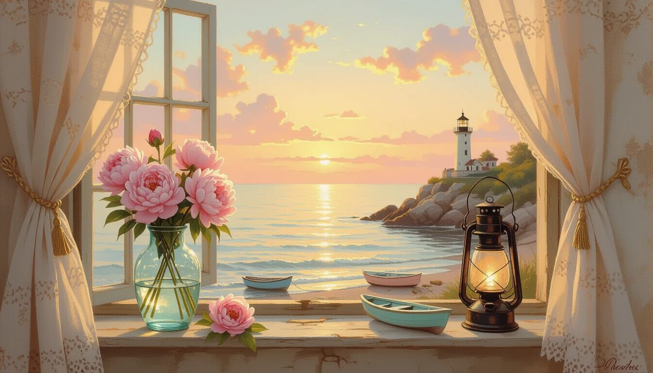 Shabby Chic Seascape at Sunset in Pastel Hues