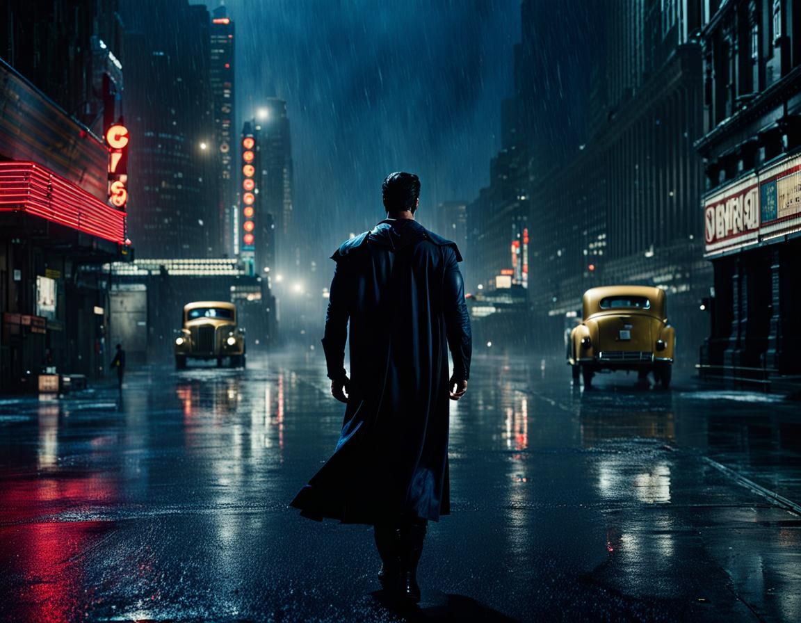 Superman Walks a Rainy Metropolis Street