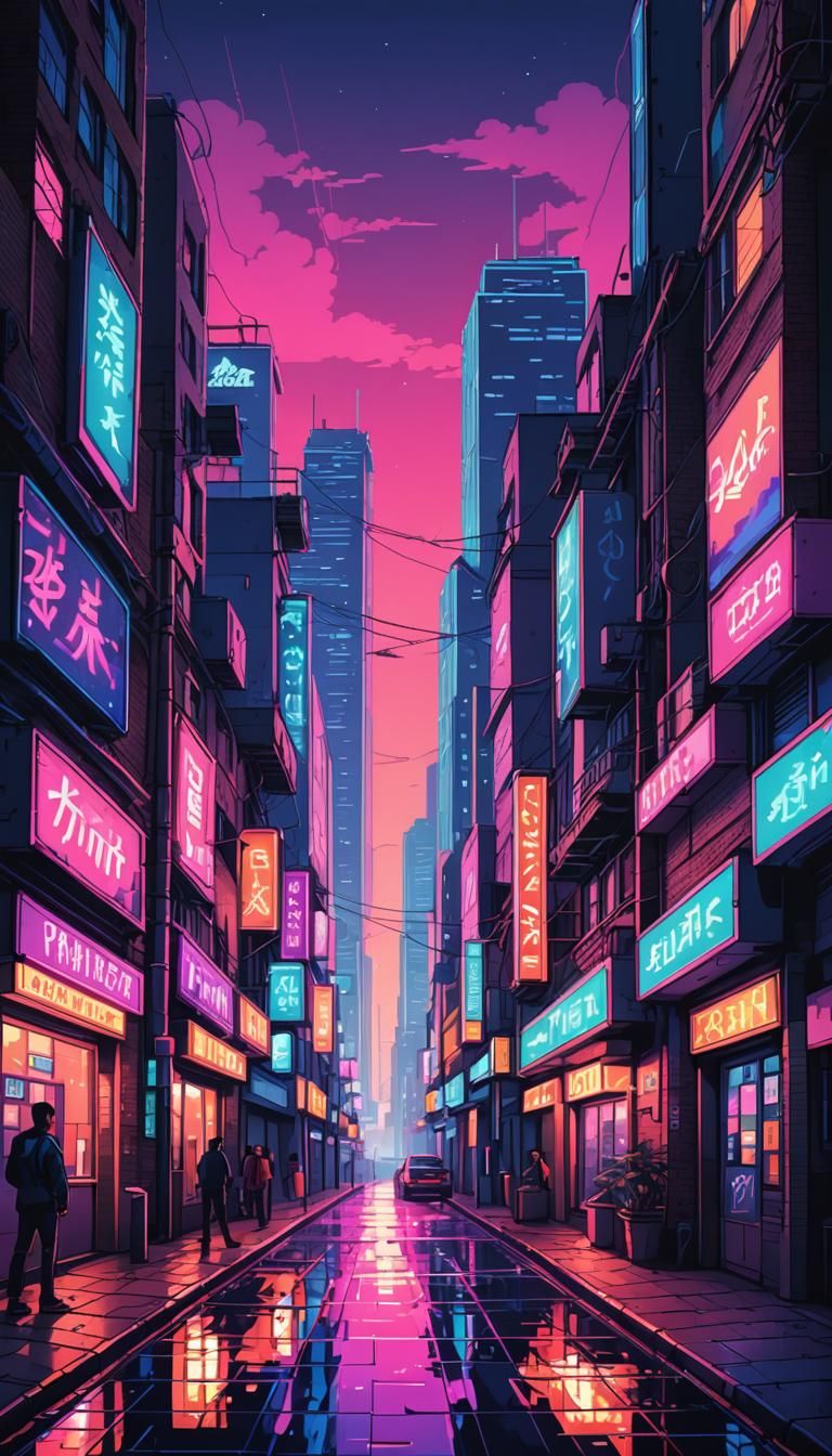 City Street in Pixel Art with Neon Lighting
