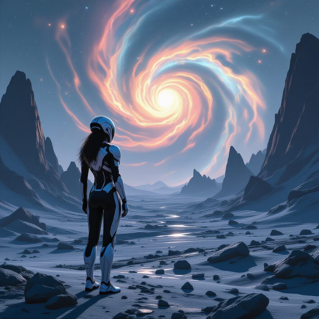 Cybernetic Woman Gazing at Nebula on Alien Planet