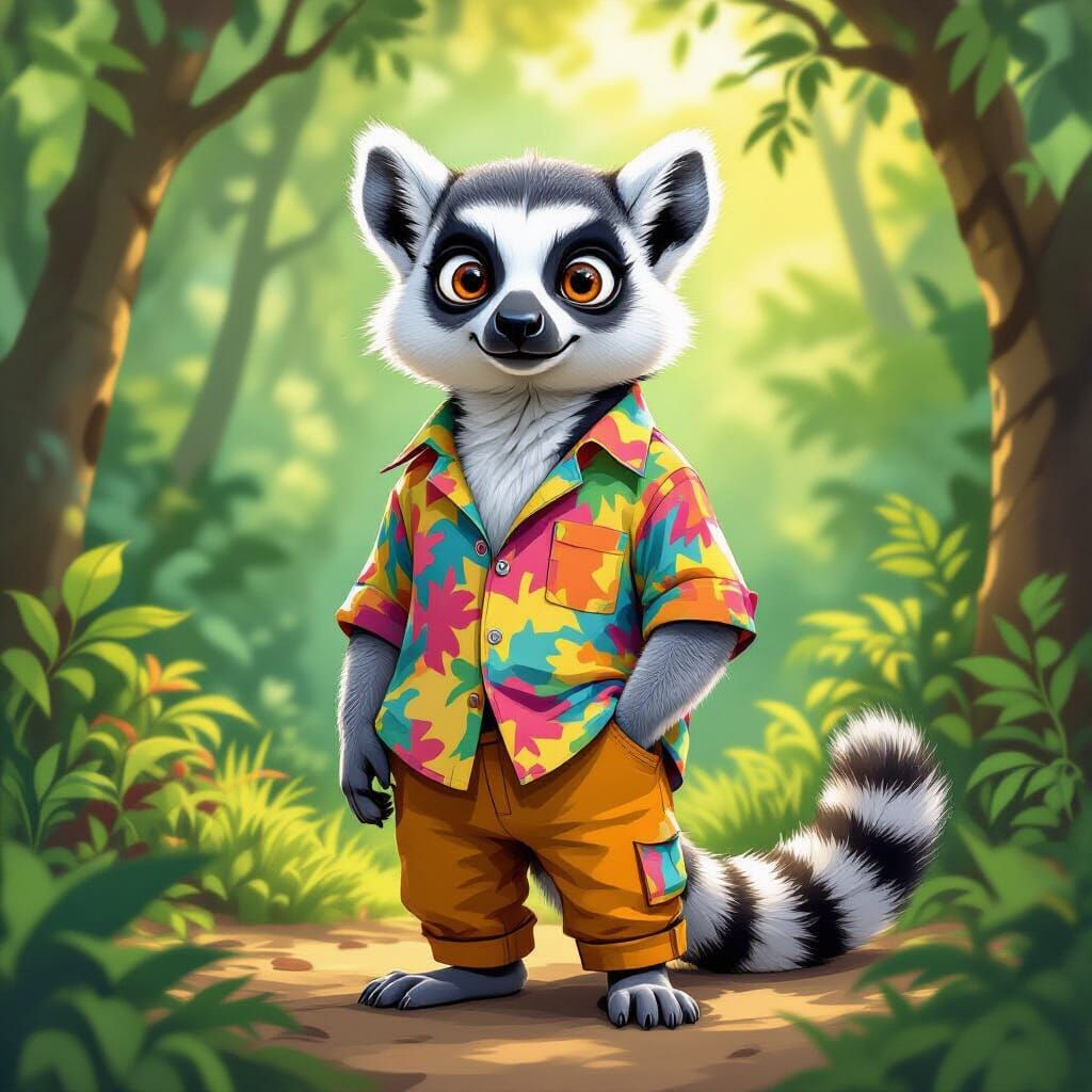 Cartoon Lemur with Human Body in Forest