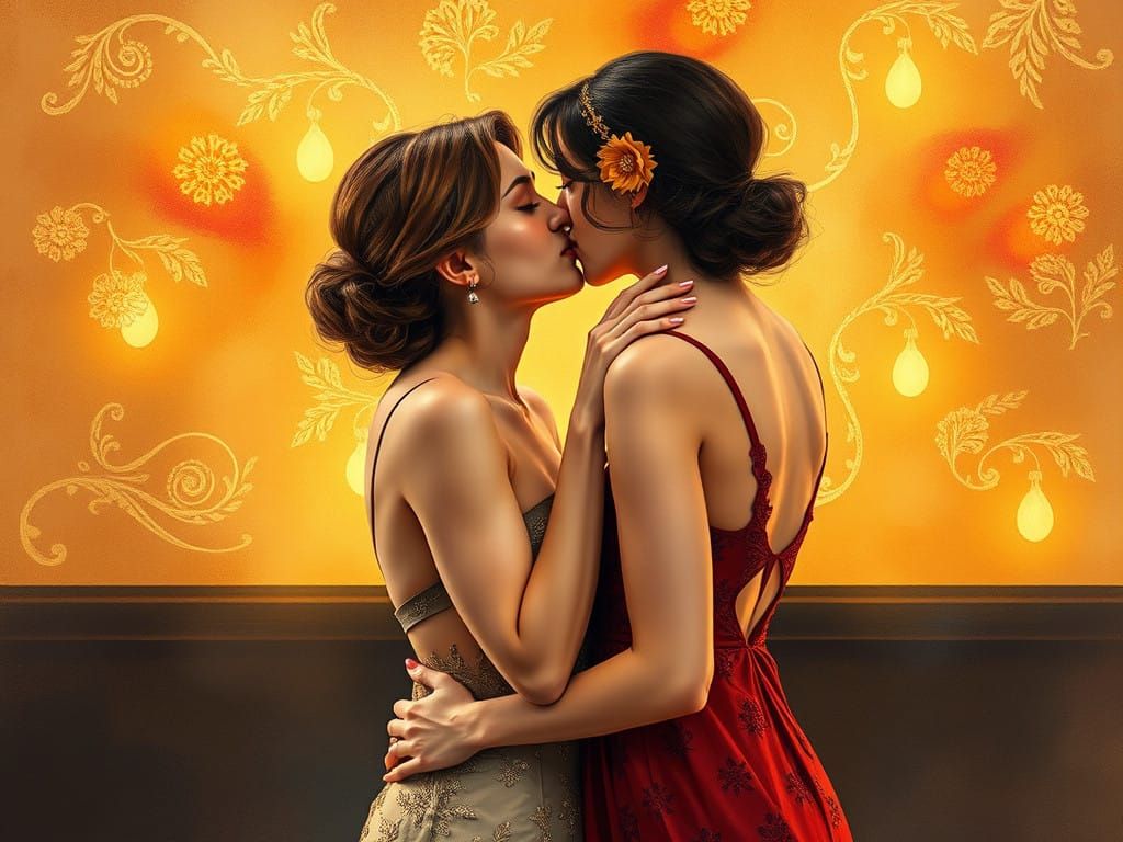 Elegant Women Share a Tender Kiss Amidst Whimsical Golden Pa...