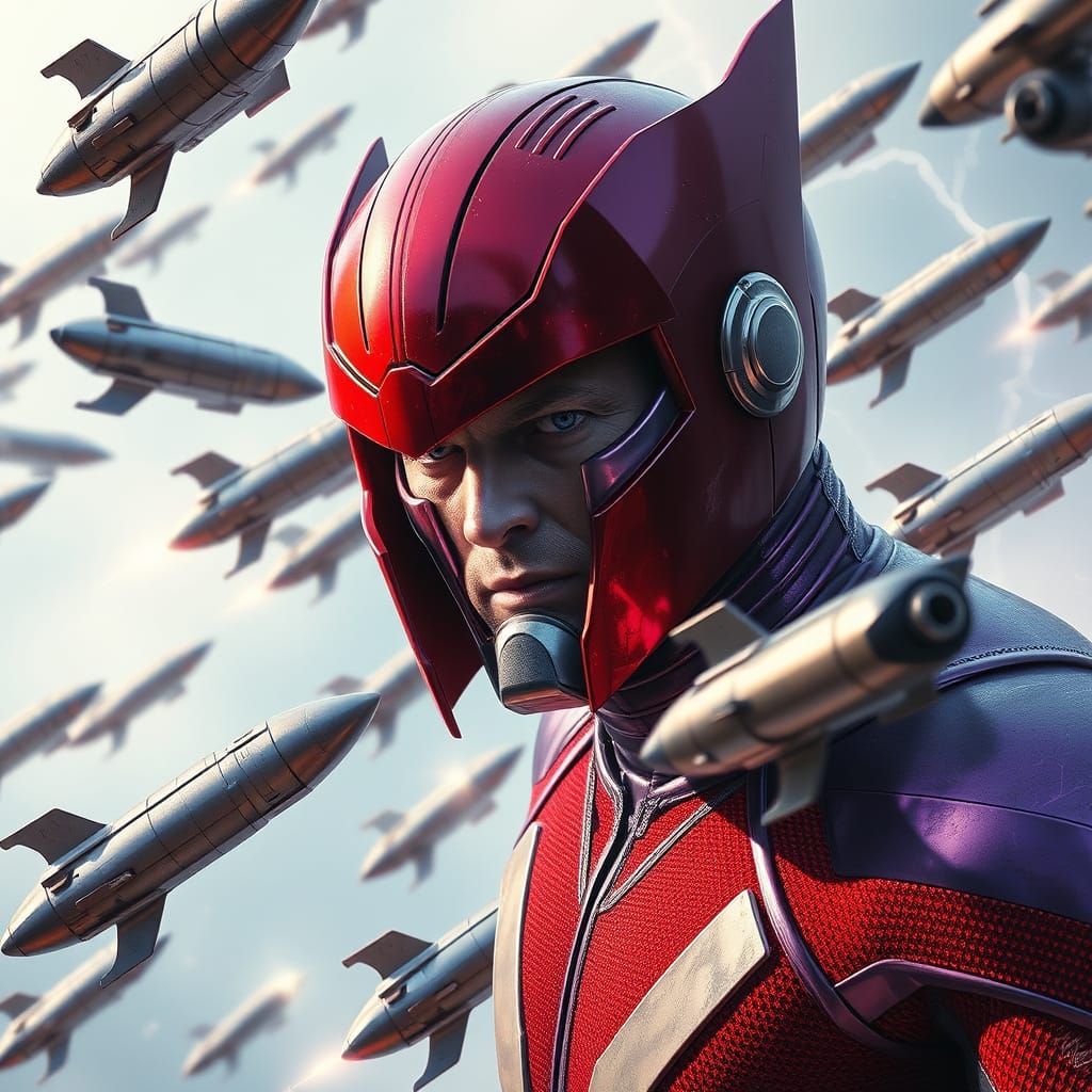 Magneto Hovers Amidst a Swarm of Missiles in a Hyper-Realist...