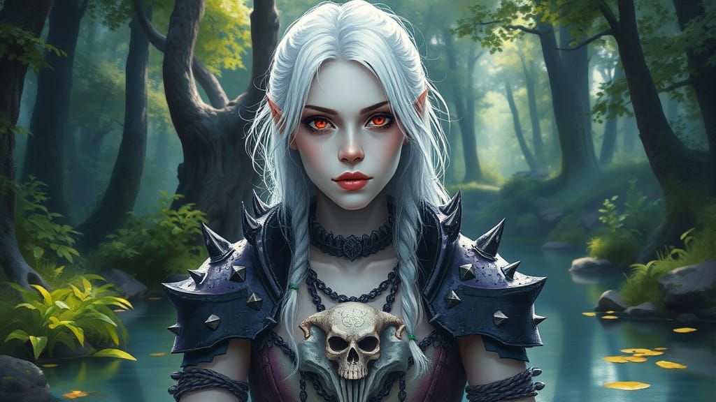 Gothic Cyberpunk River Witch in Watercolor Style