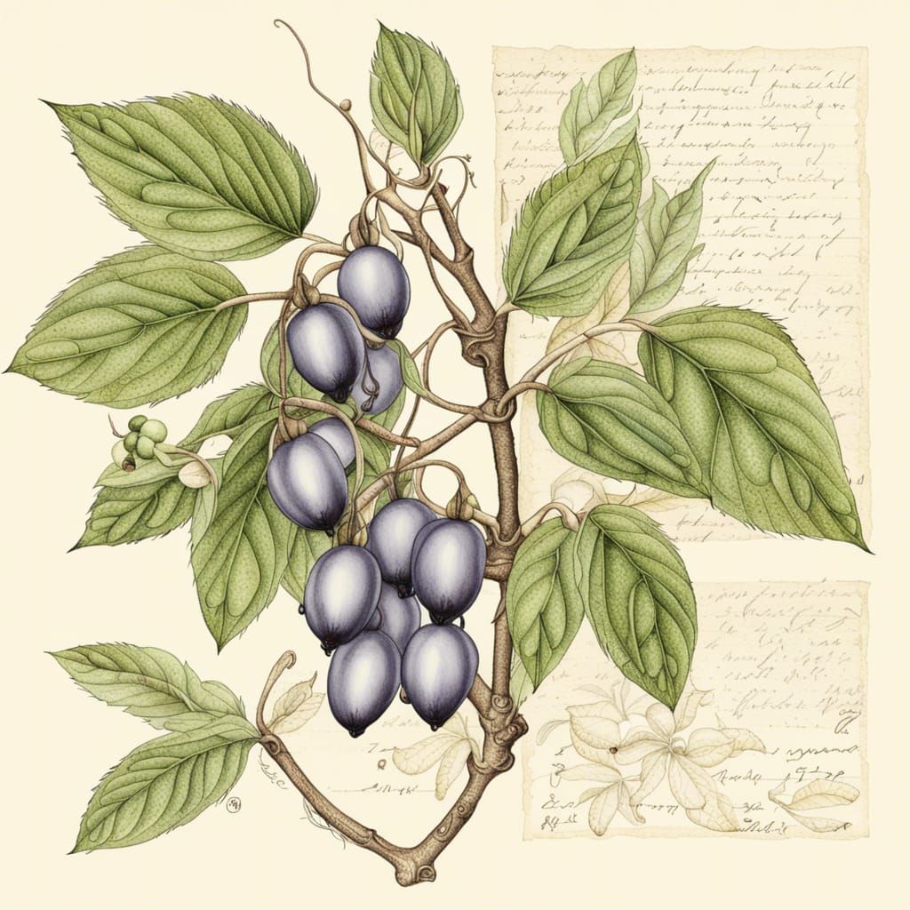 Honeyberry Botanical Illustration on Parchment Paper