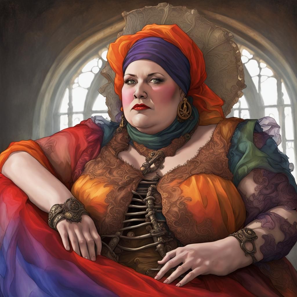 Grimdark Steampunk Lounging Relaxing Tired Obese Overweight Tall Mature Statuesque Lady