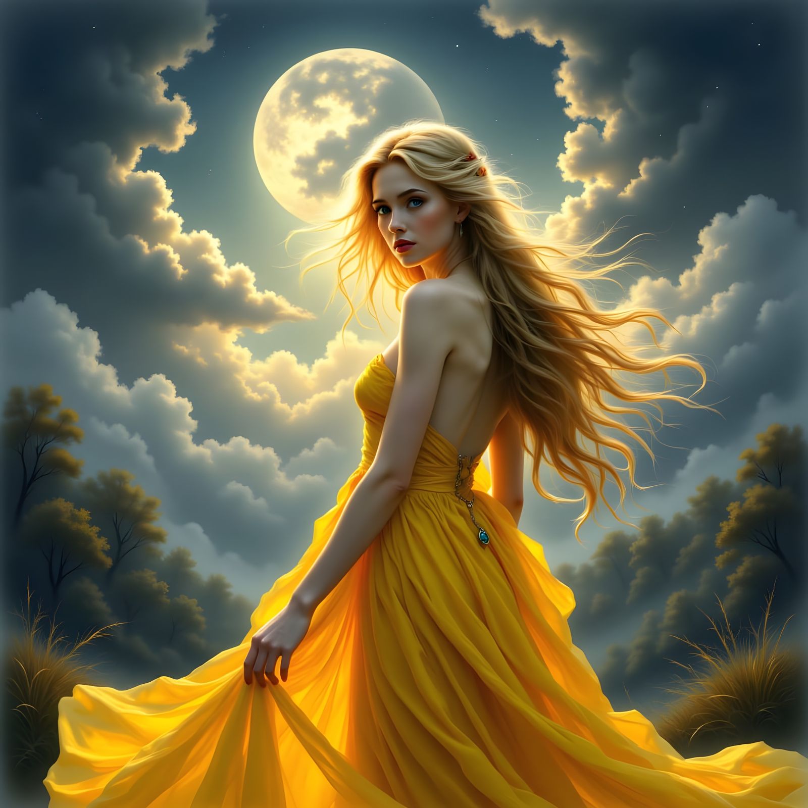 Norse Goddess in a Dark, Smoky Night Sky