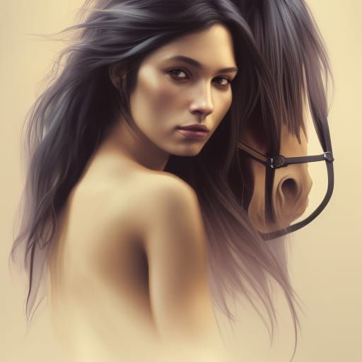 Woman and Black Stallion Portrait in Hyperdetailed Style