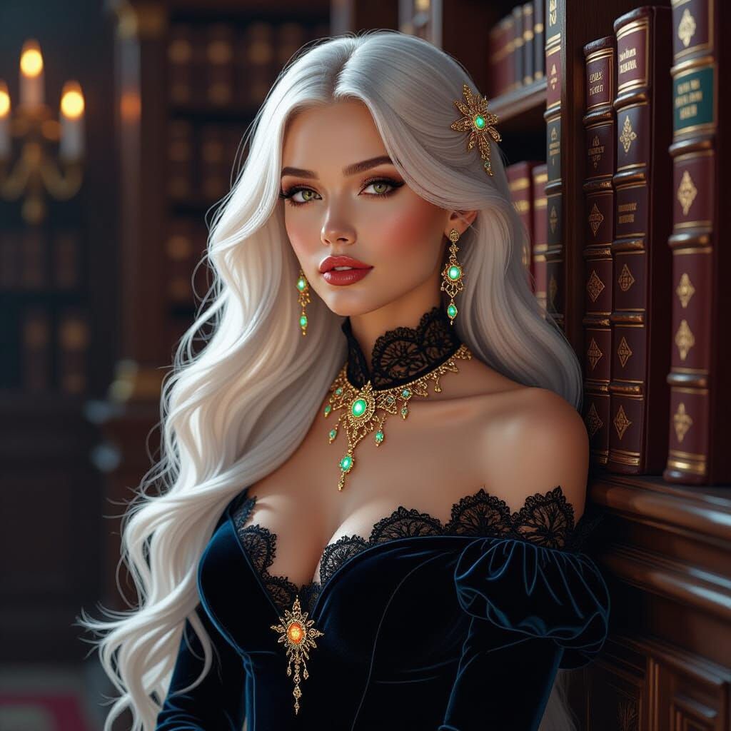 Elegant Woman in Library: Artgerm, Mead, and Stalenhag Style