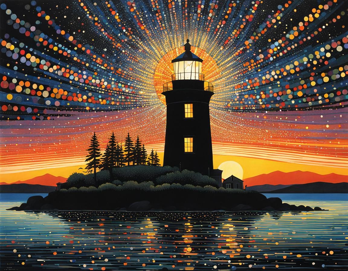 Abstract Lighthouse Sunset: Geometric Psychedelic Art