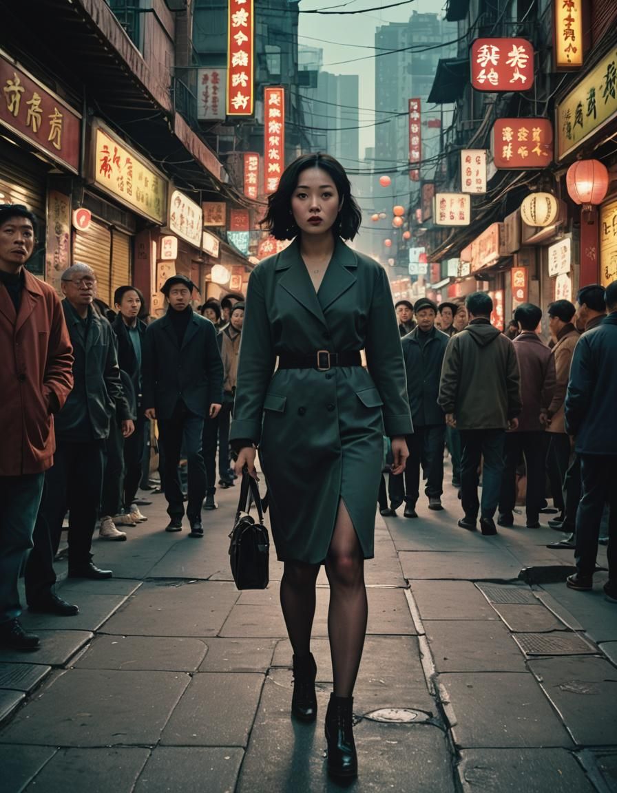 Cinematic Woman in Chinatown in Film Noir Style