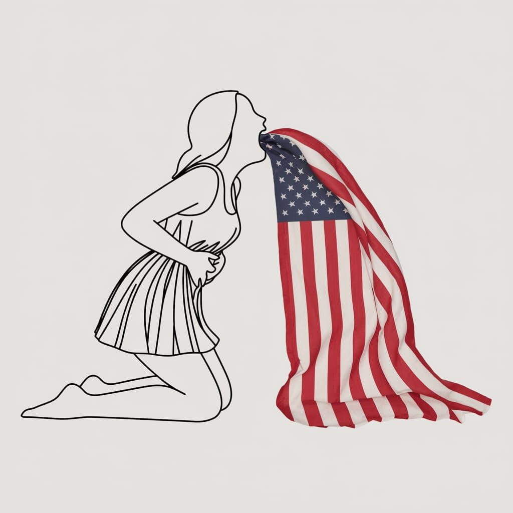 Surreal Lineart Figure Expels Photorealistic American Flag