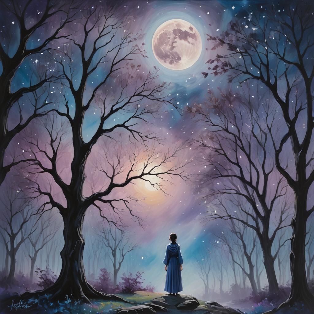 Ethereal Moonlit Figure in Oil Painting Landscape