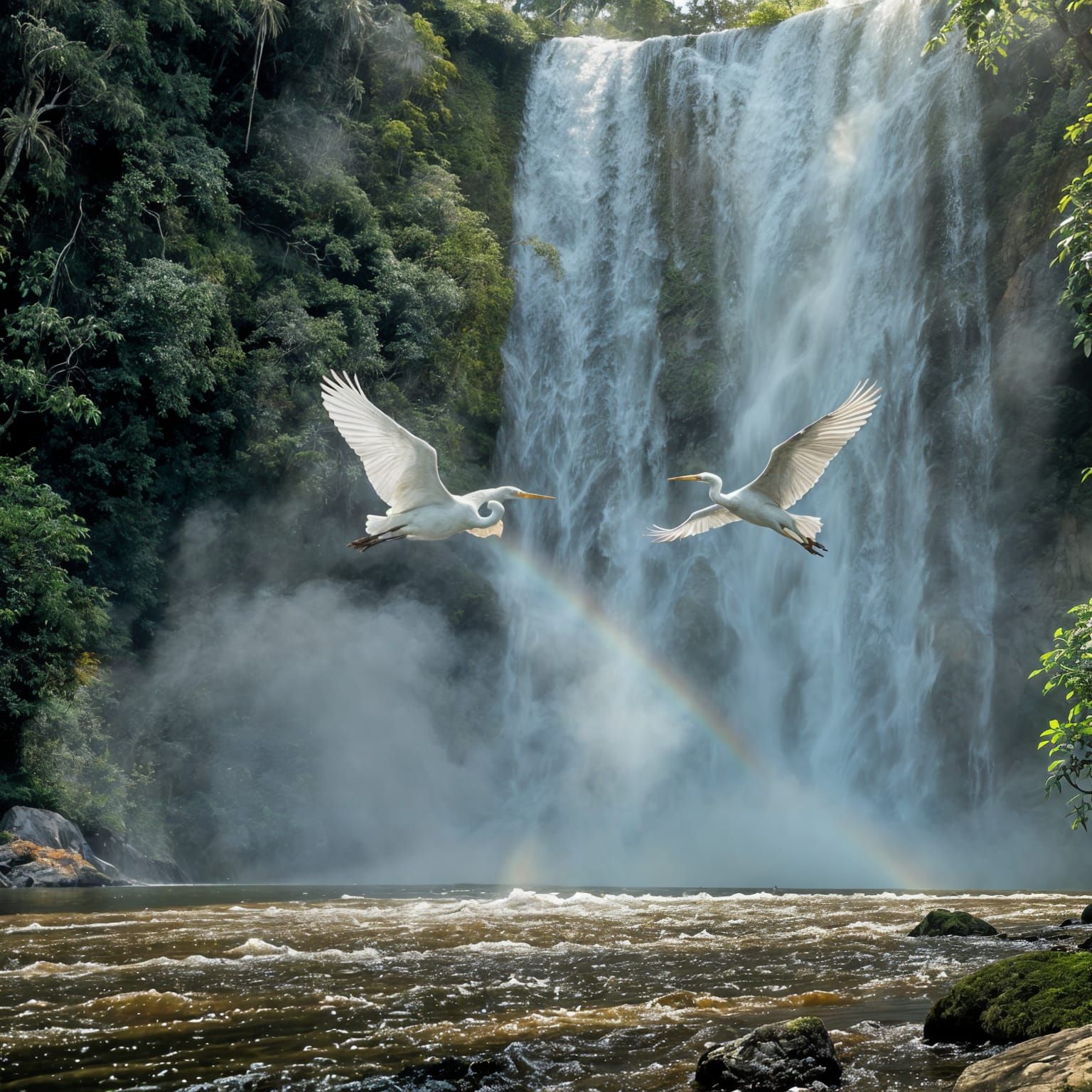 Egrets Fly Over Tropical Waterfall in Hyperrealism