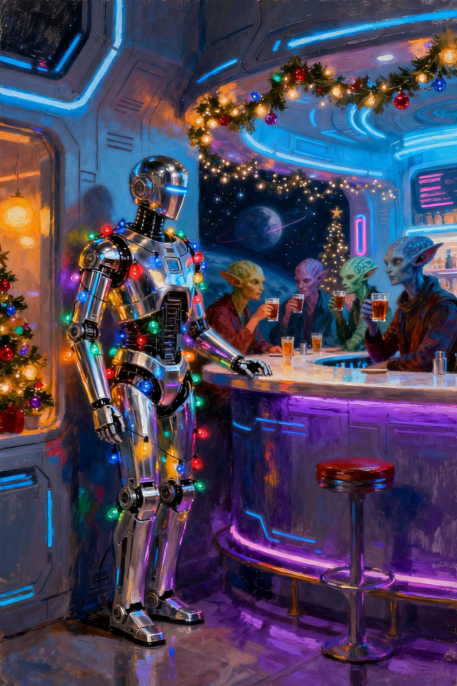 Futuristic Space Cafe with Robot and Aliens