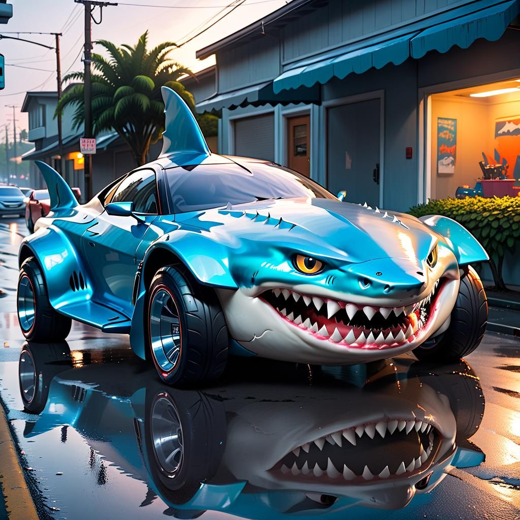 Shark-Inspired Concept Car on Wet Pavement