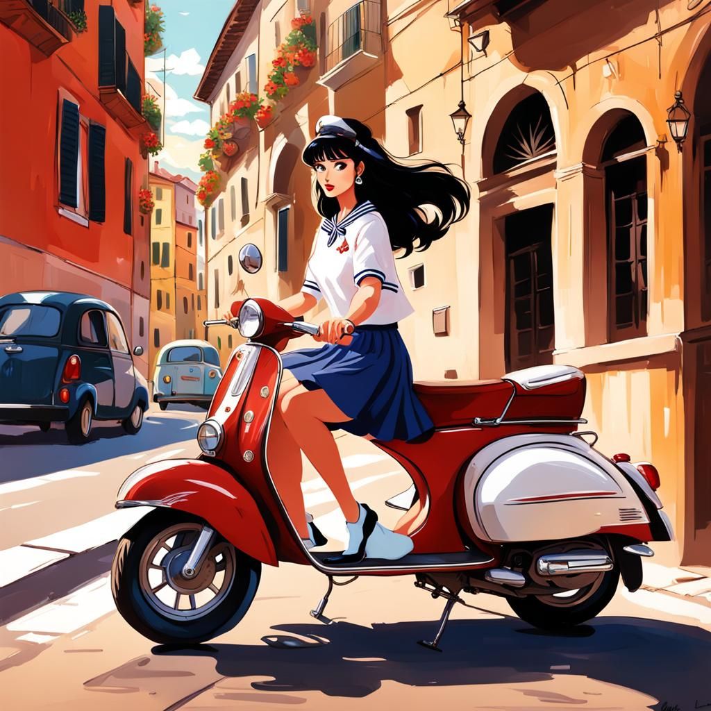 Sailor Mars riding a Vespa.  Roman Holiday, sunshine, casual...
