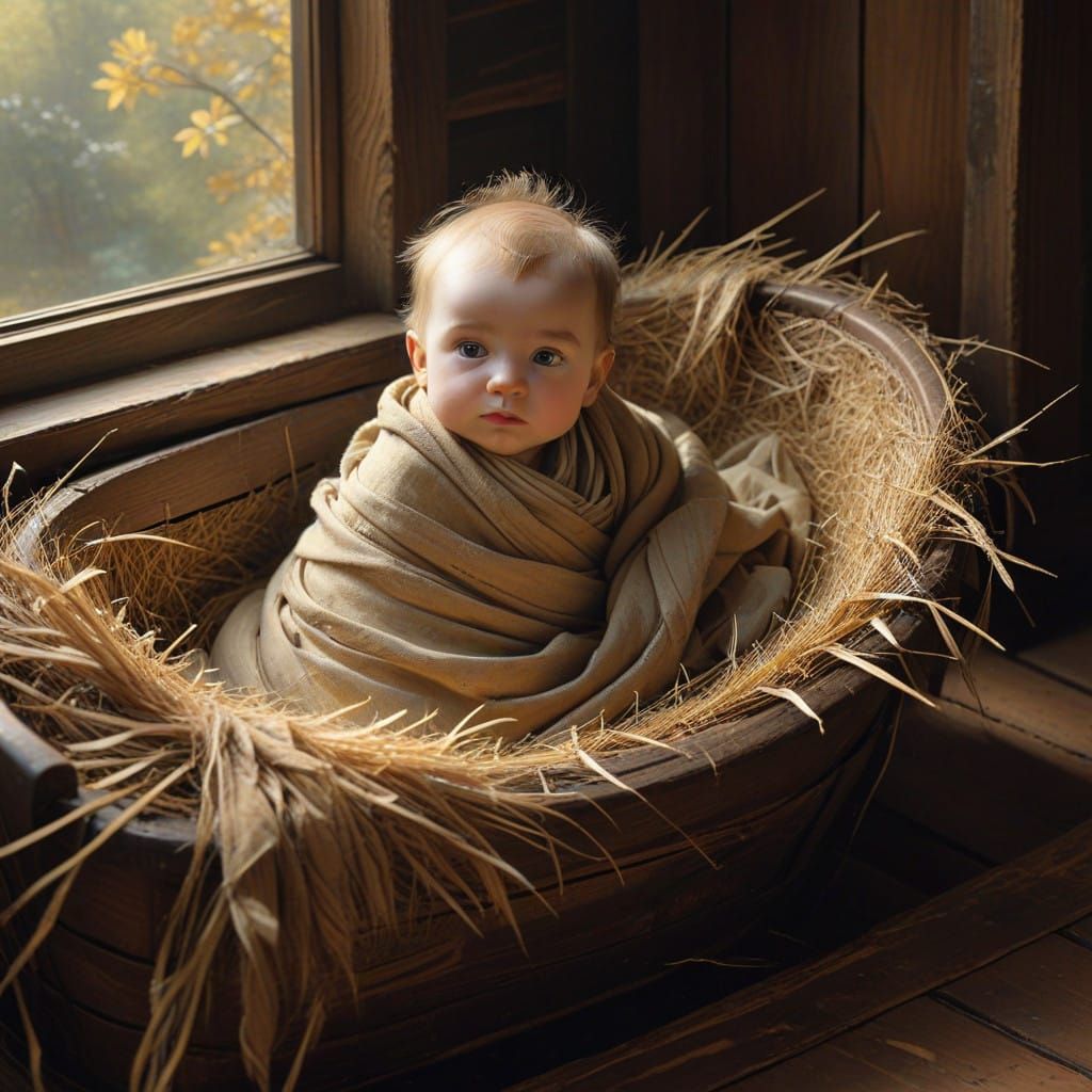 Baby Wrapped in Golden-Hued Cloths, in Rustic Manger
