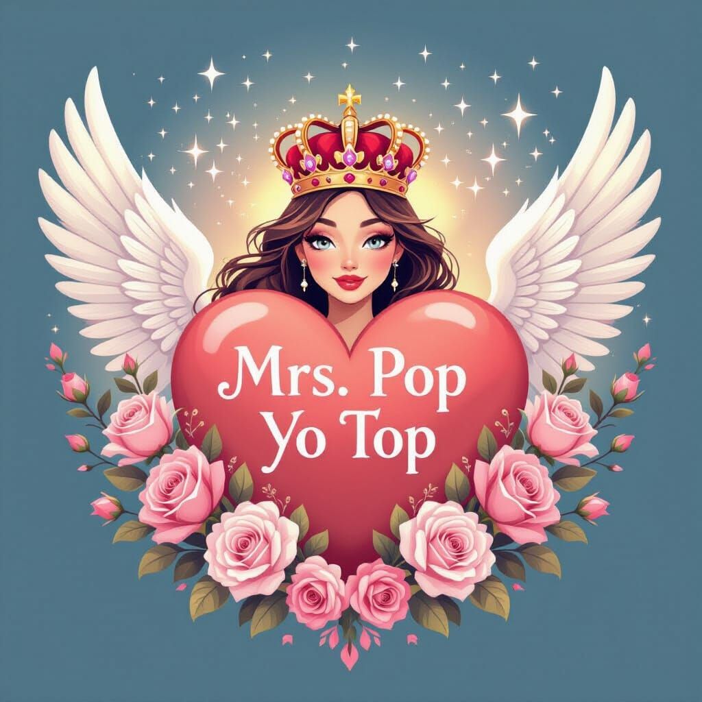 Feminine Heart Portrait with Crown, Roses, and Angel Wings