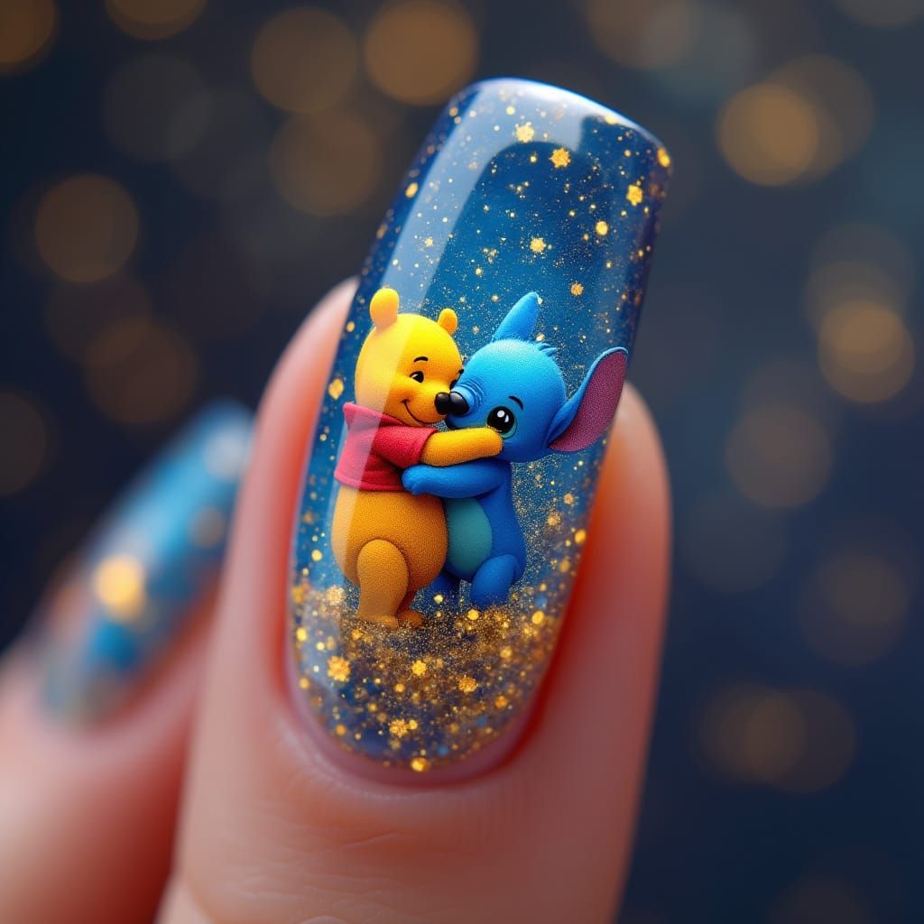 Cosmic French Tip Nail Art with Winnie the Pooh and Stitch