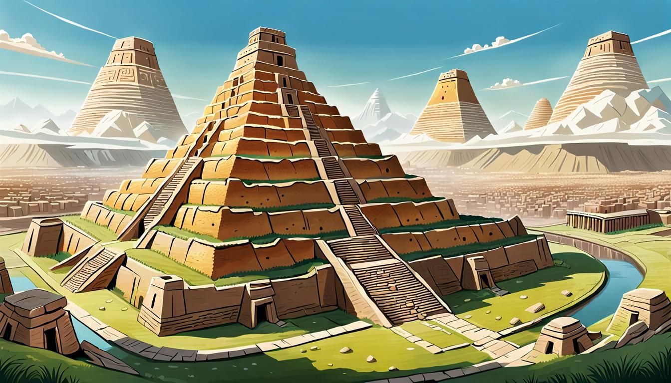 Ancient Mesopotamian Ziggurat in Whimsical Comic Art Style