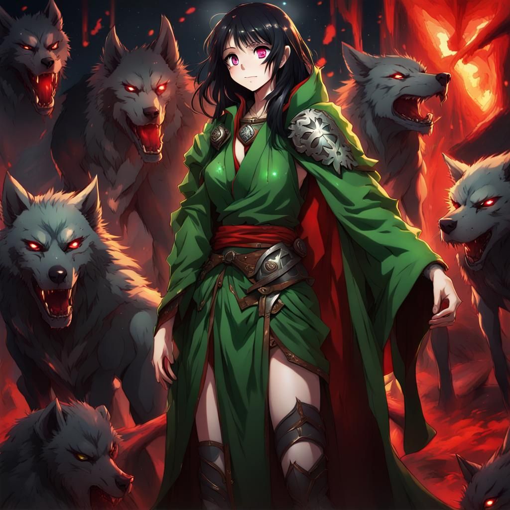 Druid Girl with Werewolves in Anime Style