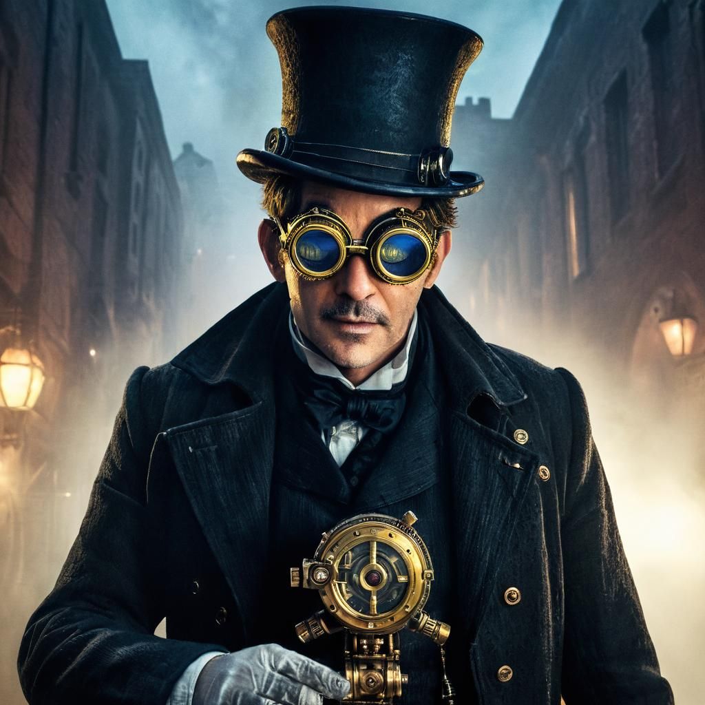 Steampunk Man with Glowing Device in Gaslit Alley