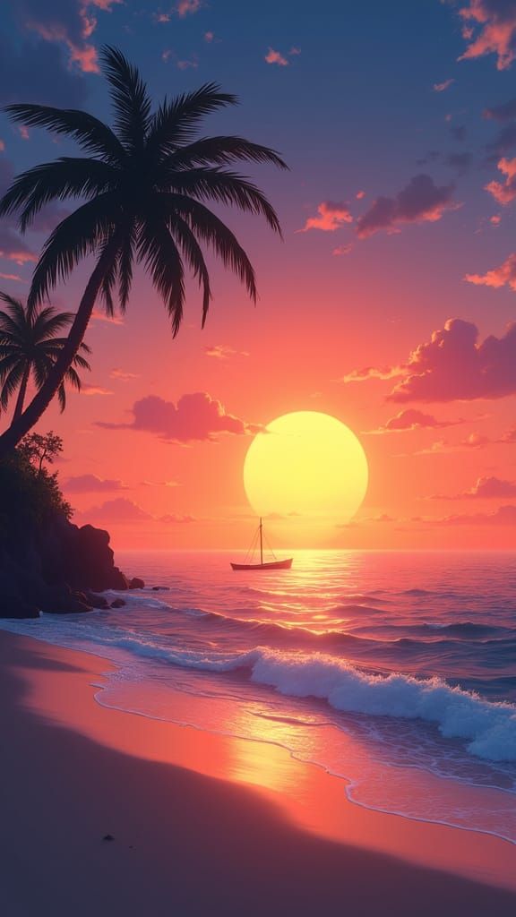 Silent Beach Sunset in Anime Key Visual Style