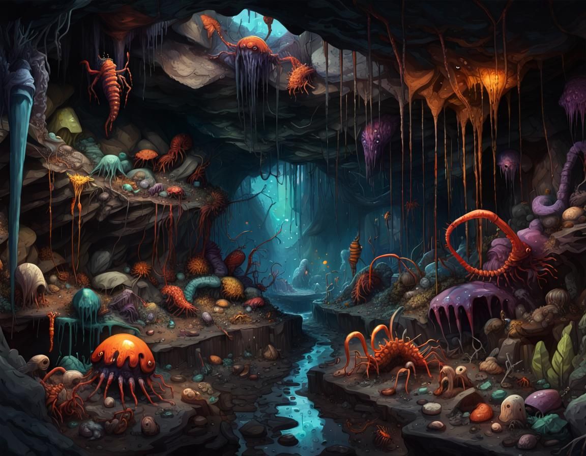 Creepy Bioluminescent Creatures in Dark Underground Cavern