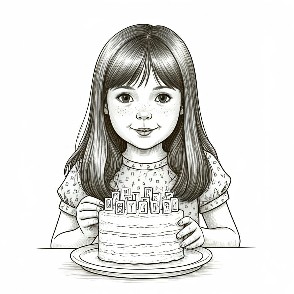 Whimsical Pencil Portrait of Young Girl Enjoying Alphabet Ca...