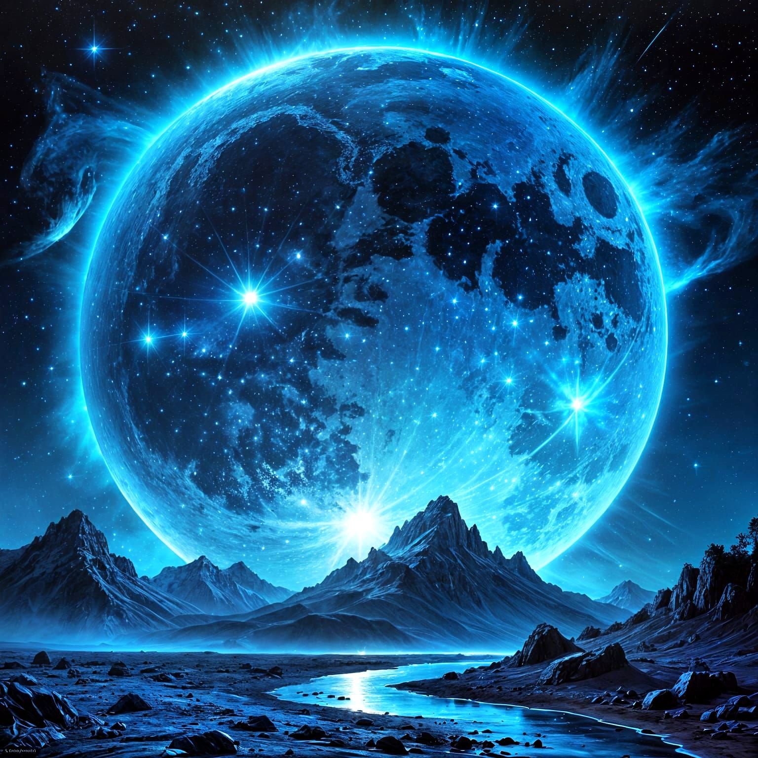 Sapphire Moon Dominates the Galactic Night Sky