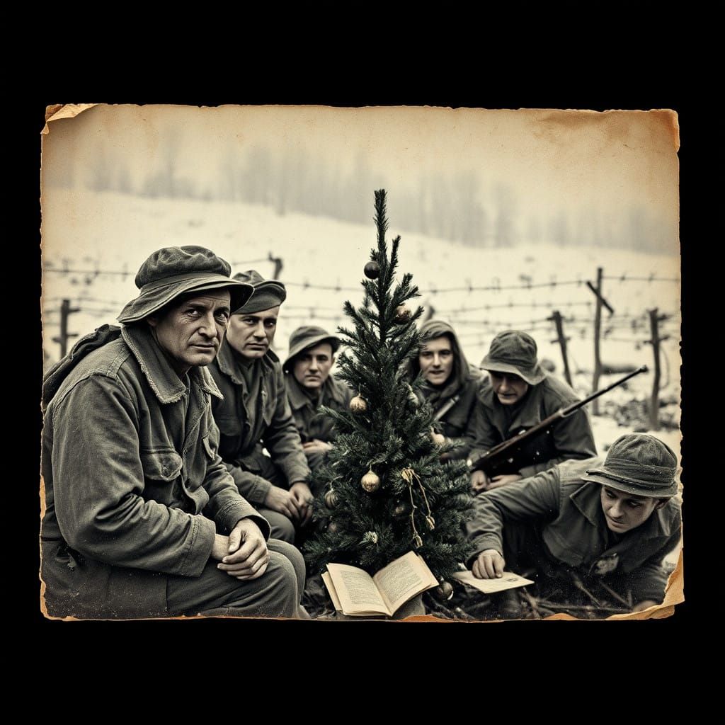 World War II Soldiers Gather Around a Faded Christmas Tree