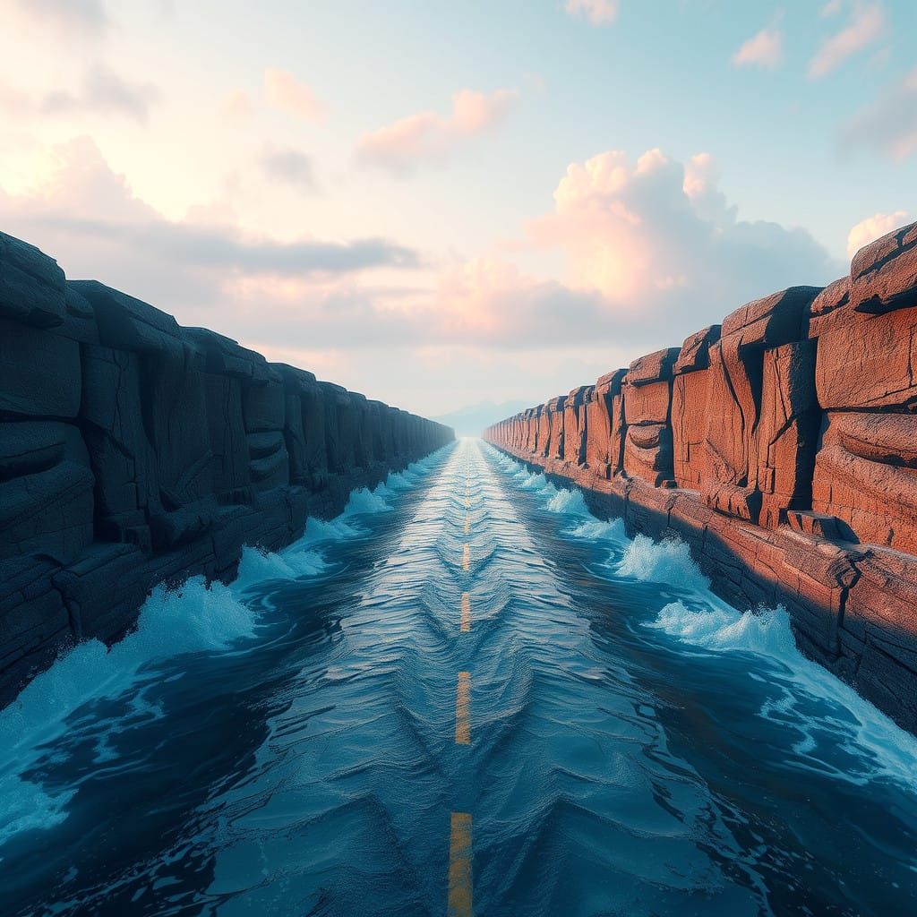 Futuristic Road Amidst Turbulent Waters
