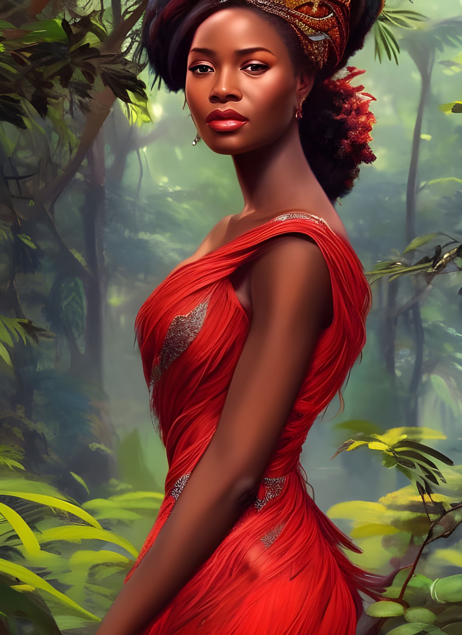 African Princess Portrait in Ruby Red Dress