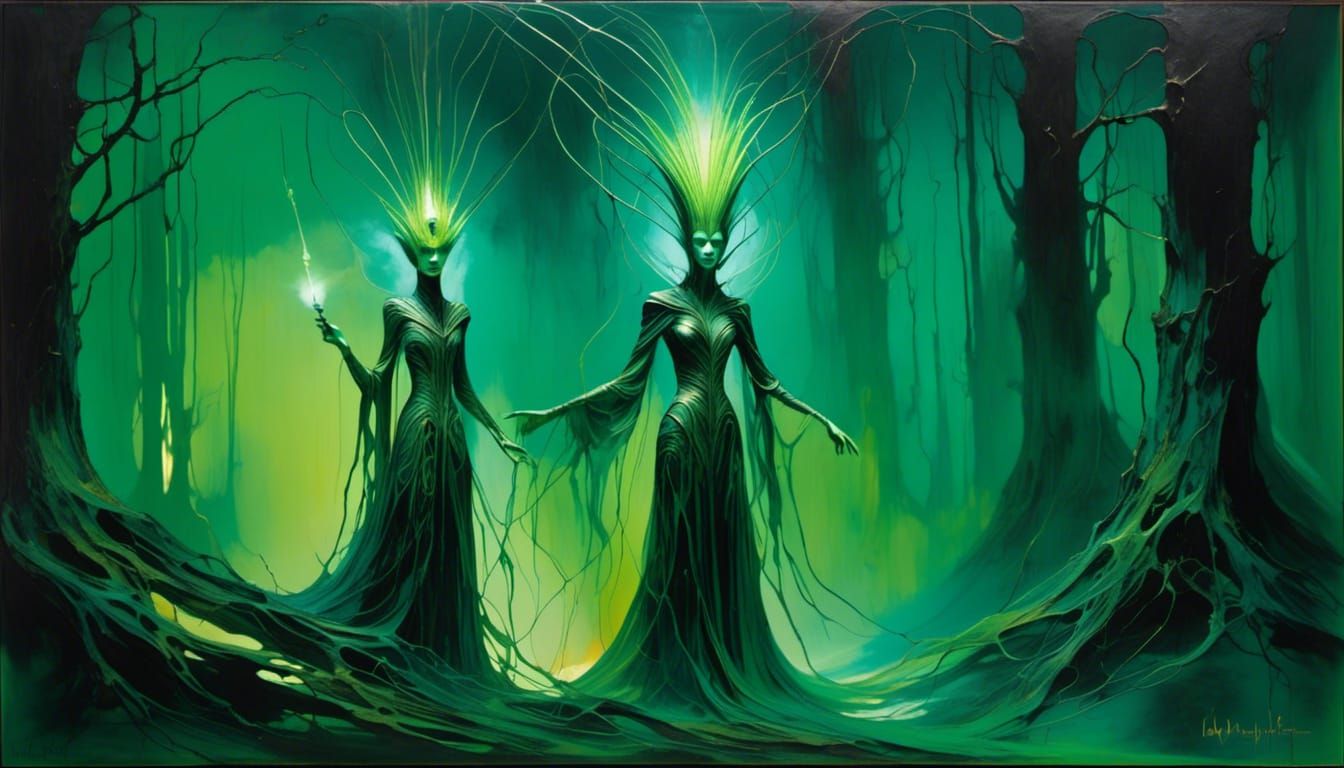 Alien Sorceress Signals Mothership in Forest Painting