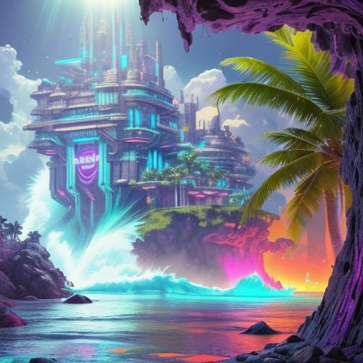 Cyberpunk Lunar Resort with Breaking Wave