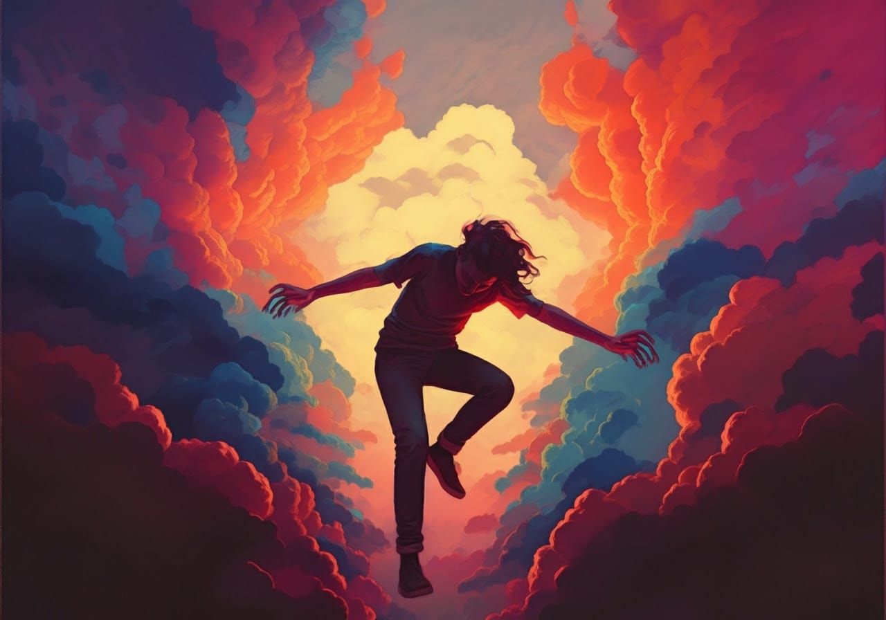 Dreamlike Figure Surrounded by Swirling Clouds