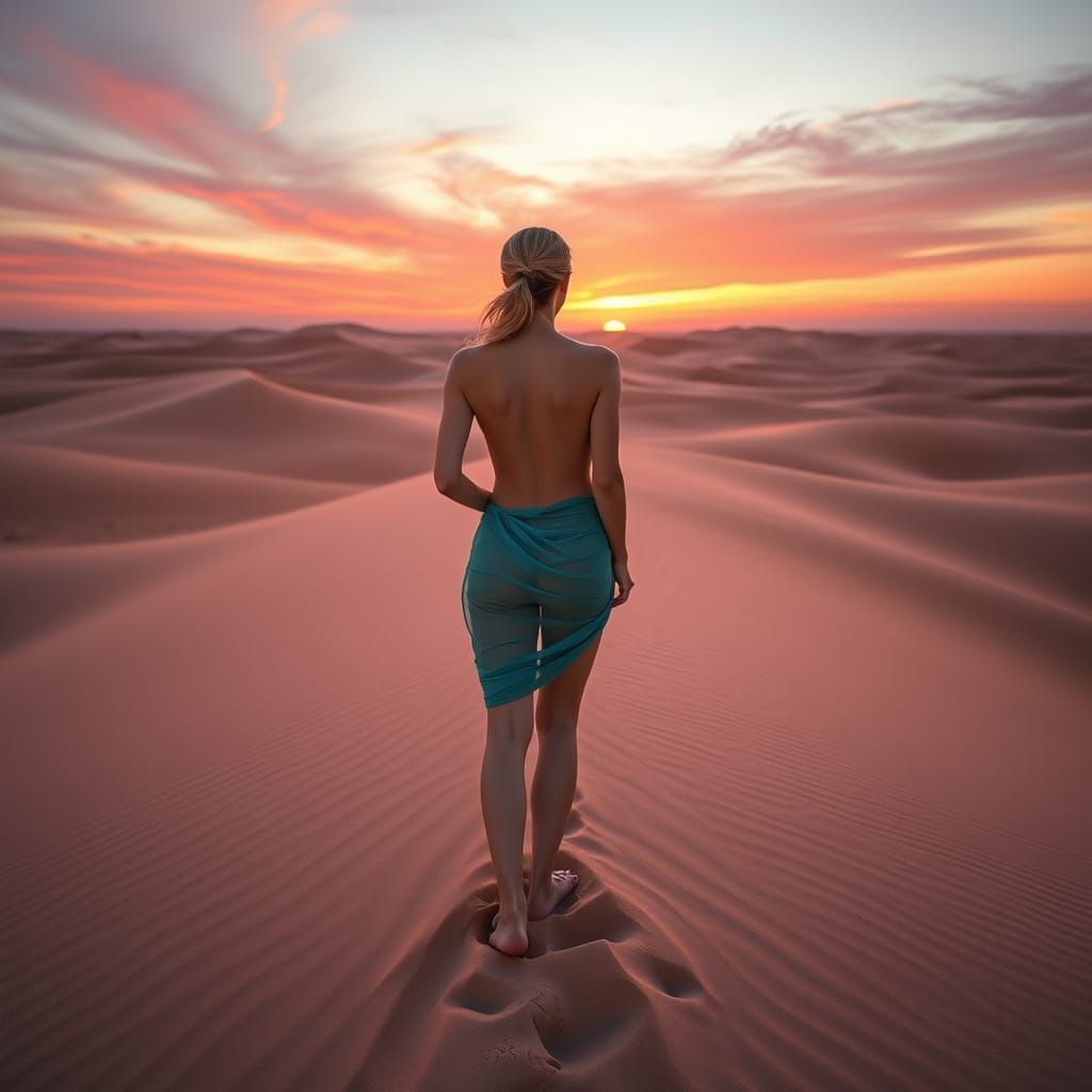 Elegant Desert Woman at Sunset in Minimalist Landscape