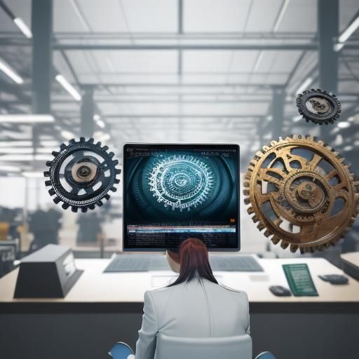 Businesswoman Overseeing Workers Among Gears in Digital Art