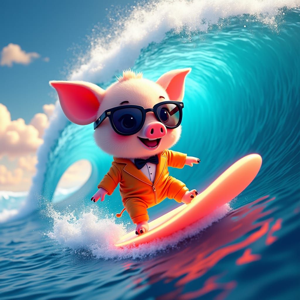 Surreal Surfer Piglet Rides Iridescent Wave