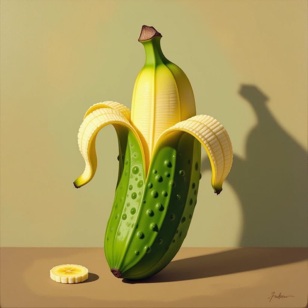 Surreal Cucumber-Banana Hybrid Fruit in Dreamlike Still-Life