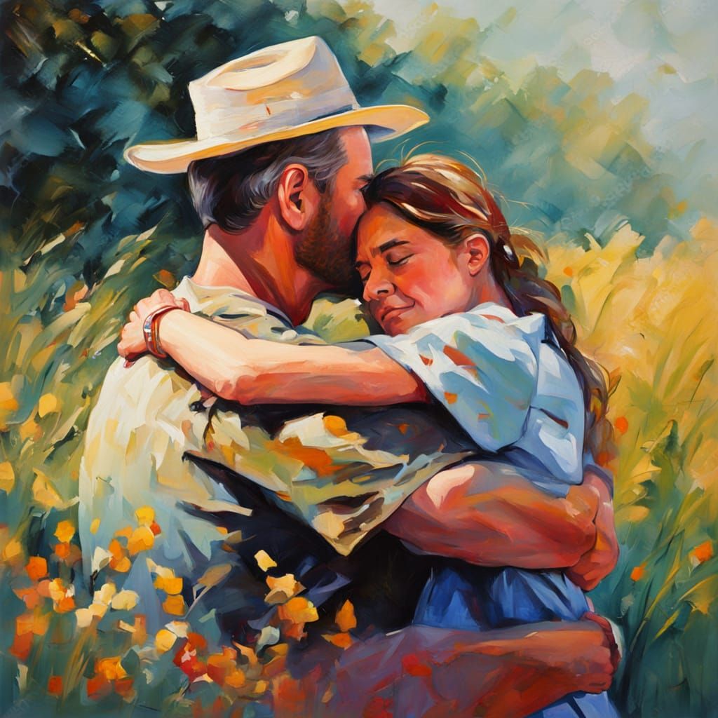 Stylized Oil Painting of Father Comforting Daughter