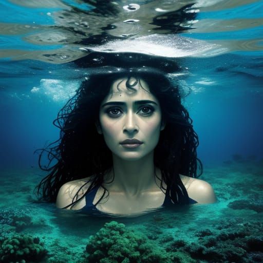 Salma Hayek Underwater Portrait in Philippe Halsman Style