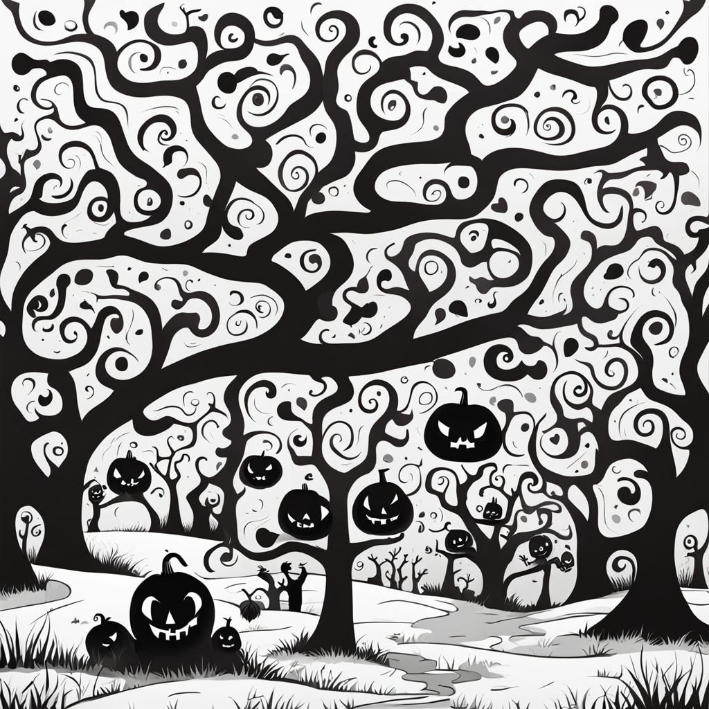 Spooky Tree in Black and White Cartoon Style