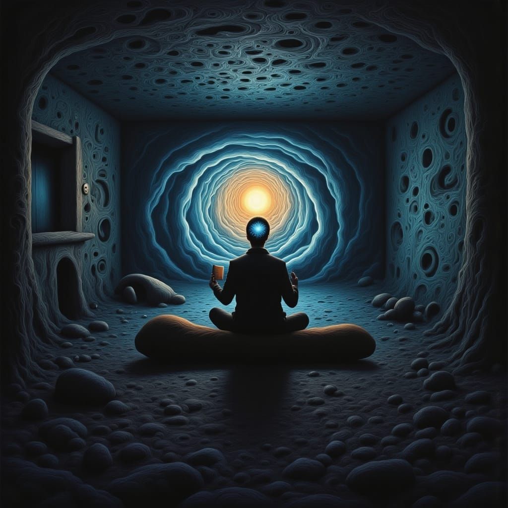 Surreal Man with Visible Brain in Cell