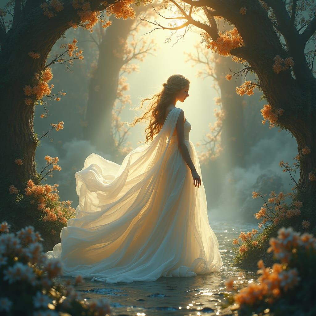 Ethereal Figure in Dreamlike Poetic Landscape